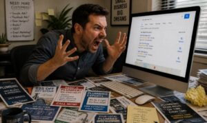 local business owner in his office looking and screaming at his computer desperate to find a better way to promote his business
